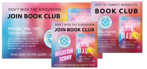 Connect Marquette May Book Club Announcement Designs